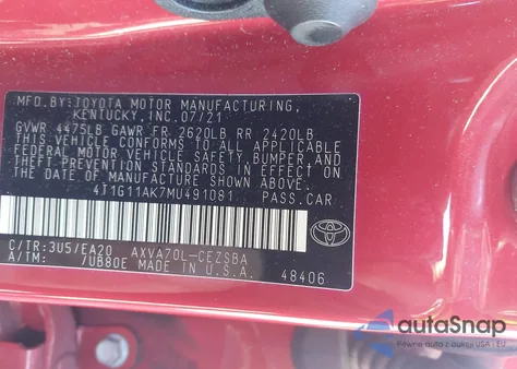 2021 Toyota Camry Se z USA, uszkodzony, nr VIN 4T1G11AK7MU491081